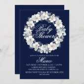 赤ちゃんシャワー招待白桜ネイビーブルー 招待状 (正面/裏面)