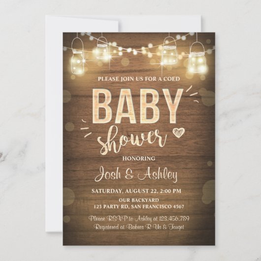 赤ちゃんシャワー招素朴待Coed Wood Mason Jars 招待状 (正面)