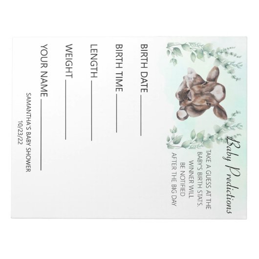 赤ちゃんシャワー推測ゲーム牛ふくらはぎユーカリ ノートパッド (正面)