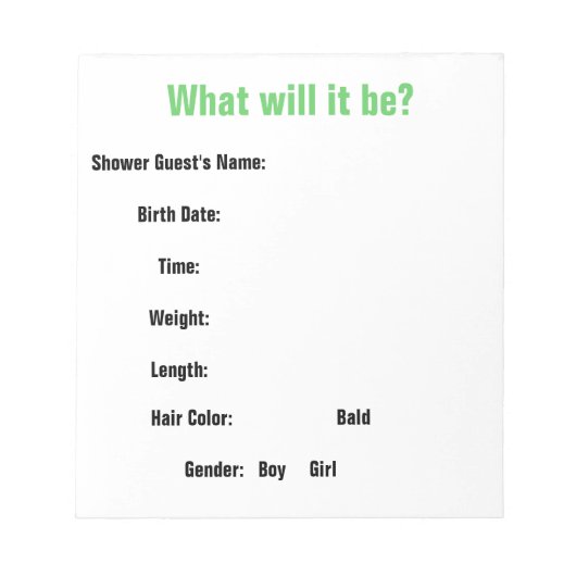 赤ちゃんシャワー推理ゲーム ノートパッド (正面)