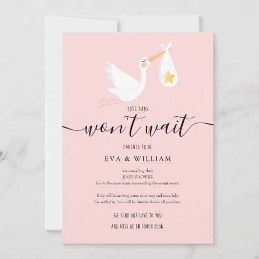 赤ちゃんシャワー散水キャンセルピンクカード 招待状 (正面)