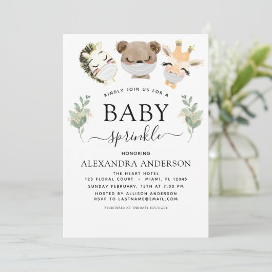 赤ちゃんシャワー散水木地ユーカリ緑 招待状 (スタンド正面)