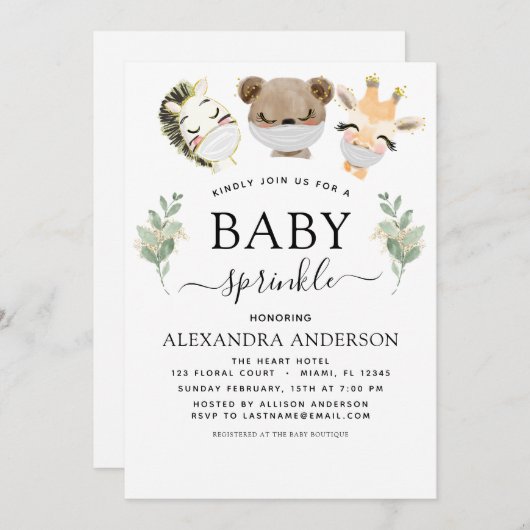 赤ちゃんシャワー散水木地ユーカリ緑 招待状 (正面/裏面)