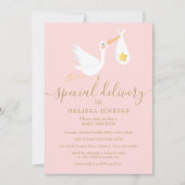 赤ちゃんシャワー散水特別デリバリーストークピンク 招待状 (正面)