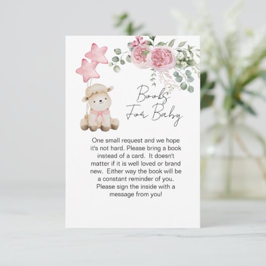 赤ちゃんシャワー本の甘い小さな子羊ピンクのバラ エンクロージャーカード (スタンド正面)