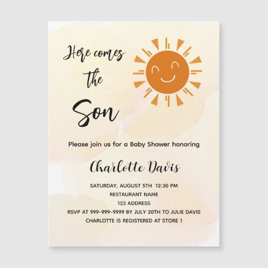 赤ちゃんシャワー来ここの息子のサンシャイン豪華さ マグネット招待状 (正面)