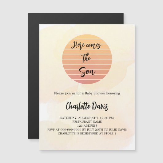 赤ちゃんシャワー来ここの息子のサンシャイン豪華さ マグネット招待状 (正面/裏面)