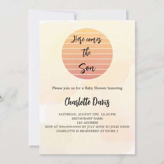 赤ちゃんシャワー来ここの息子の太陽の黄金 招待状 (正面)