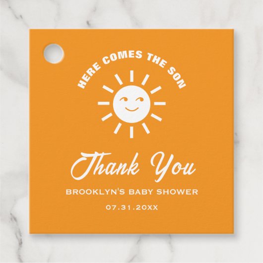 赤ちゃんシャワー来ここの息子サンオレンジ白 フェイバータグ (正面)