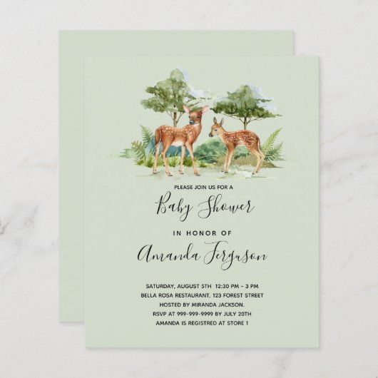 赤ちゃんシャワー森林動物の予算の招待 (正面/裏面)
