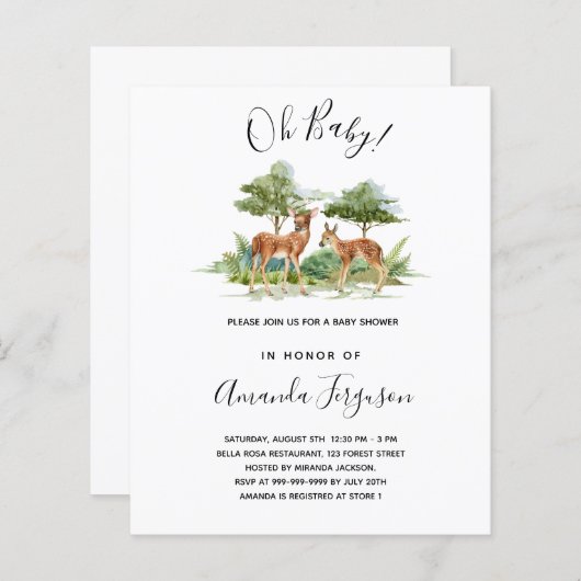 赤ちゃんシャワー森林動物の鹿の予算の招待 (正面/裏面)