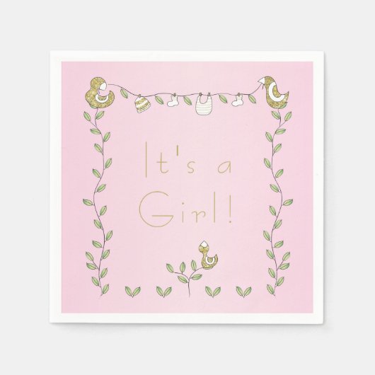 赤ちゃんシャワー標準ナプキンピンク"金ゴールド鳥" スタンダードカクテルナプキン (正面)