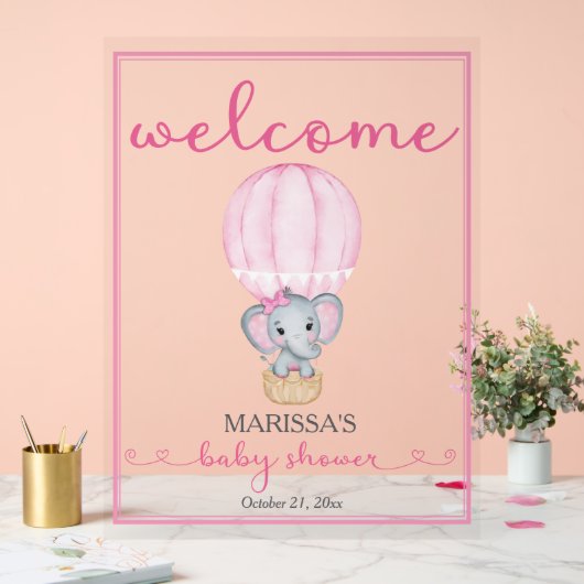 赤ちゃんシャワー歓迎ピンク象 アクリルサイン (ウェディング)