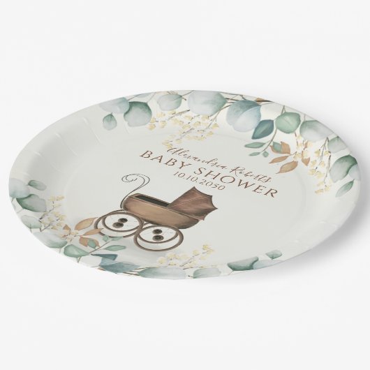 赤ちゃんシャワー水の色かわいいユーカリ葉の ペーパープレート (アングル)