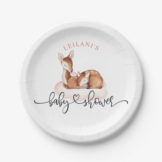 赤ちゃんシャワー水彩ディアピンククラウド ペーパープレート (正面)