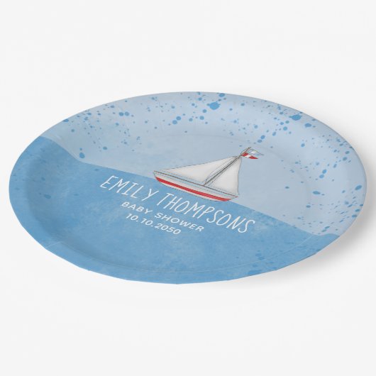 赤ちゃんシャワー水彩可愛いお洒落帆船 ペーパープレート (アングル)