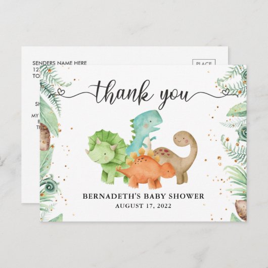 赤ちゃんシャワー水彩恐竜ありがとうはがき ポストカード (正面/裏面)