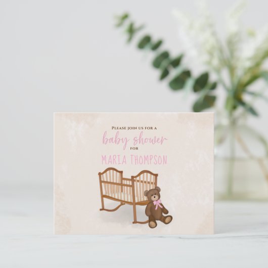 赤ちゃんシャワー水素朴色ピンクぬいぐるみ ポストカード (スタンド正面)