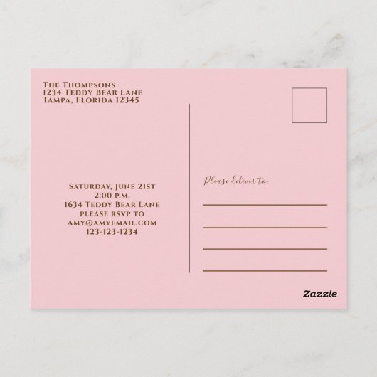 赤ちゃんシャワー水素朴色ピンクぬいぐるみ ポストカード (裏面)