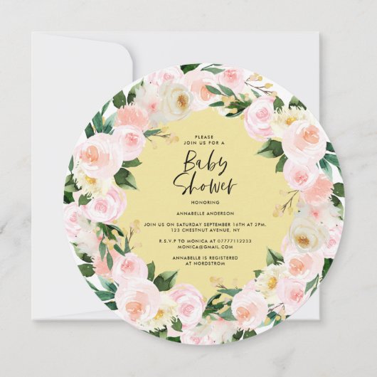 赤ちゃんシャワー水色の黄色のガーリーフローラ (裏面)