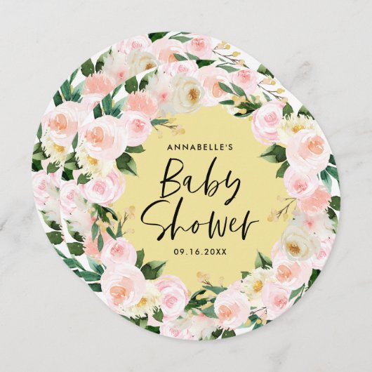 赤ちゃんシャワー水色の黄色のガーリーフローラ (正面/裏面)