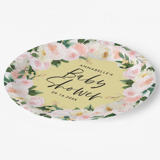 赤ちゃんシャワー水色の黄色のガーリーフローラ ペーパープレート (アングル)