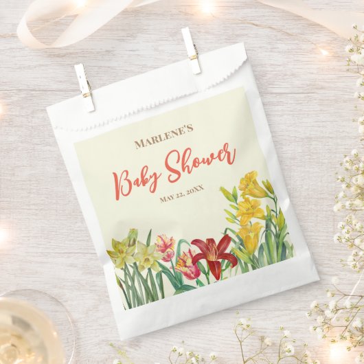 赤ちゃんシャワー水色オレンジ黄色春花 フェイバーバッグ (クリップ留めされた状態)