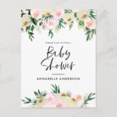 赤ちゃんシャワー水色グリーンピンクのフローラスクリプト インビテーションポストカード (正面)