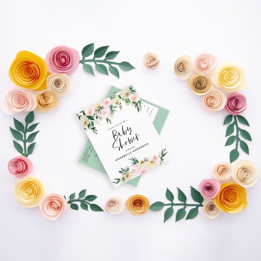 赤ちゃんシャワー水色グリーンピンクのフローラスクリプト インビテーションポストカード
