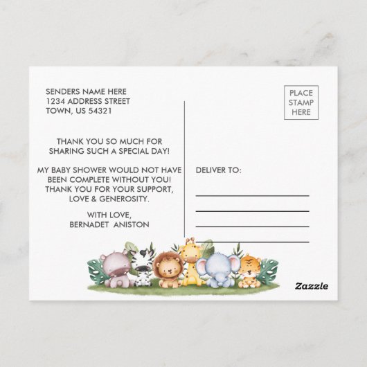 赤ちゃんシャワー水色サファリ動物ありがとうポー ポストカード (裏面)