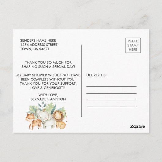 赤ちゃんシャワー水色サファリ動物ありがとう ポストカード (裏面)