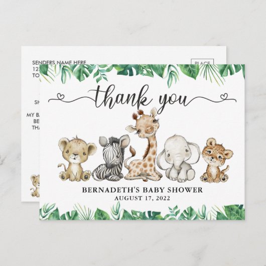 赤ちゃんシャワー水色サファリ動物ありがとう ポストカード (正面/裏面)