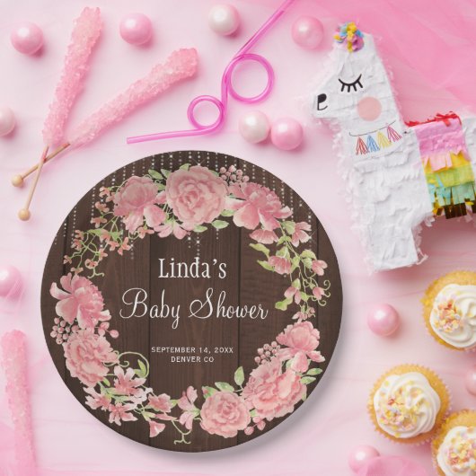 赤ちゃんシャワー水色ピンクのフローラウッド ペーパープレート (パーティー)