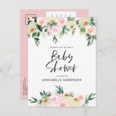 赤ちゃんシャワー水色ピンクガーリーフローラスクリプト インビテーションポストカード (正面/裏面)