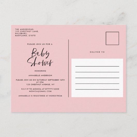 赤ちゃんシャワー水色ピンクガーリーフローラスクリプト インビテーションポストカード (裏面)