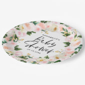 赤ちゃんシャワー水色ピンクガーリーフローラスクリプト ペーパープレート (アングル)