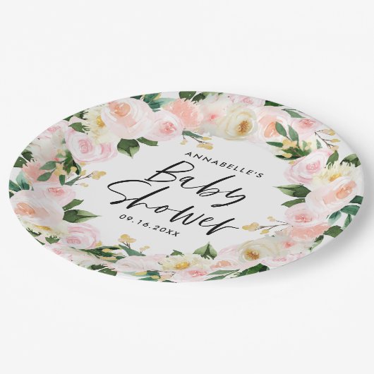 赤ちゃんシャワー水色ピンクガーリーフローラスクリプト ペーパープレート (アングル)