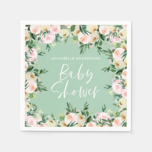 赤ちゃんシャワー水色ピンクフローラ緑ガーリー スタンダードカクテルナプキン
