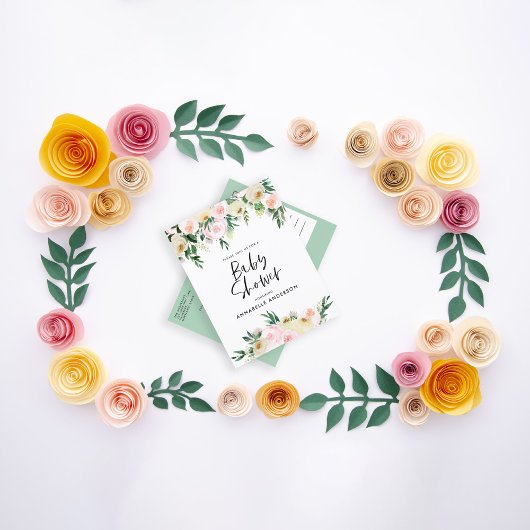 赤ちゃんシャワー水色ピーチピンクフローラスクリプト インビテーションポストカード