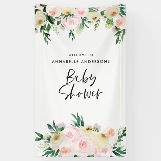 赤ちゃんシャワー水色ピーチピンクフローラスクリプト 横断幕 (縦)