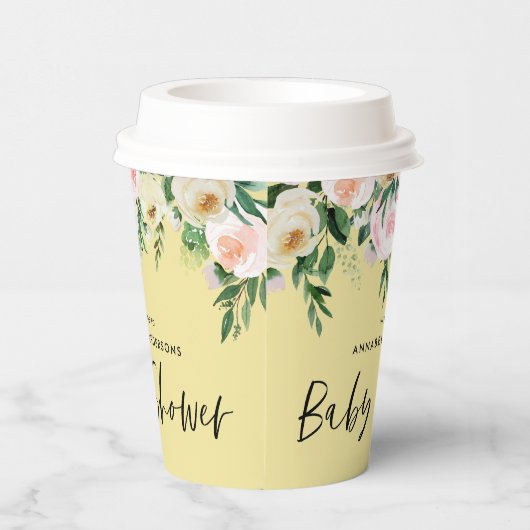 赤ちゃんシャワー水色レモンピンクのフローラスクリプト 紙コップ (右)