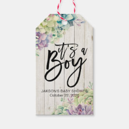 赤ちゃんシャワー水色多肉植物ホワイトウッド ギフトタグ