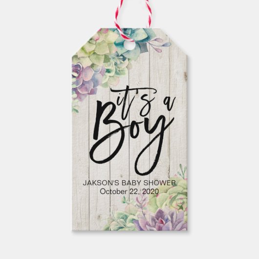 赤ちゃんシャワー水色多肉植物ホワイトウッド ギフトタグ (正面)