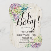 赤ちゃんシャワー水色多肉植物ホワイトウッド 招待状 (正面/裏面)