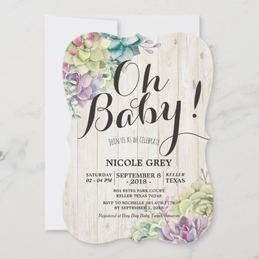 赤ちゃんシャワー水色多肉植物ホワイトウッド 招待状 (正面)