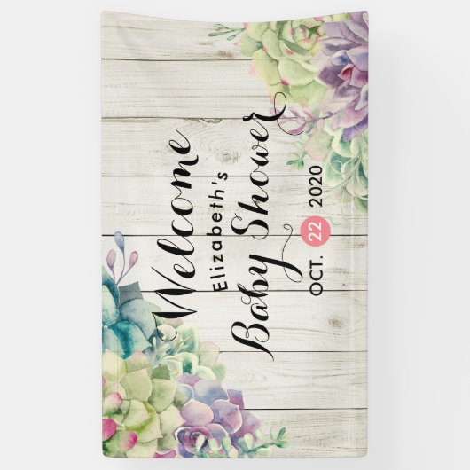 赤ちゃんシャワー水色多肉植物ホワイトウッド 横断幕 (縦)