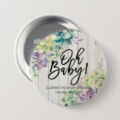 赤ちゃんシャワー水色多肉植物ホワイトウッド 缶バッジ (正面&裏面)