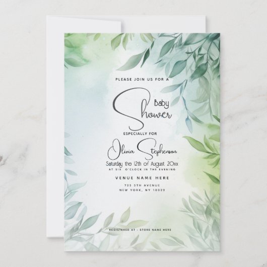 赤ちゃんシャワー淡い色の-ティール（緑がかった色）と緑の葉 招待状 (正面)