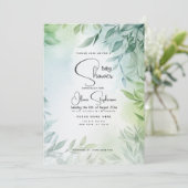 赤ちゃんシャワー淡い色の-ティール（緑がかった色）と緑の葉 招待状 (スタンド正面)
