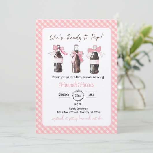 赤ちゃんシャワー準備ができてピンクの赤ちゃんポップ・アートのの女の子ソーダ 招待状 (スタンド正面)